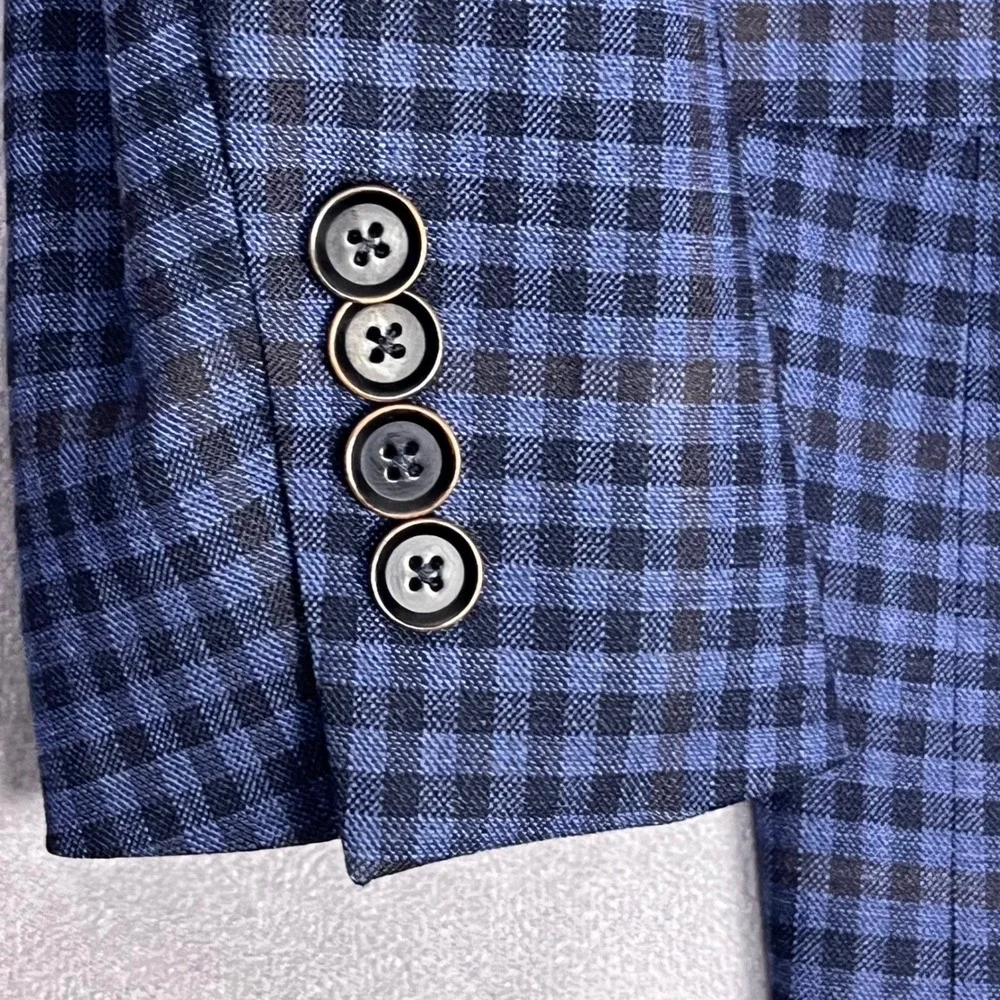 Hart Schaffner Marx Sport Coat Mens 44L Blue Gingham Wool Blend Blazer Excellent